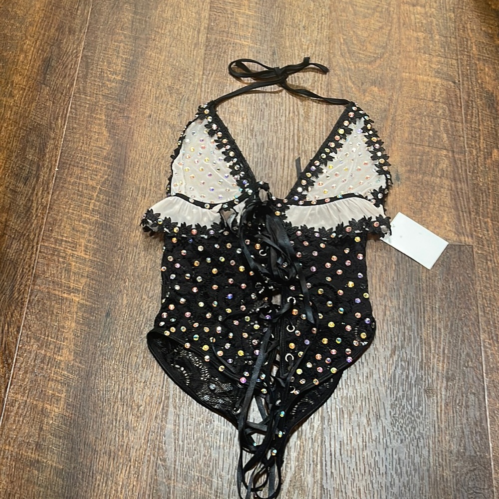 Custom Boutique Black Lace Rhinestone Lingerie Bodysuit Small Lace-Up clubwear